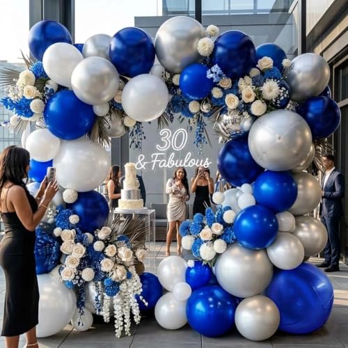 Image of Navy Blue White Balloons Royal Blue Silver Balloon Garland Arch Kit for Birthday Baby Shower Graduation Bridal Shower Business Party Decorations