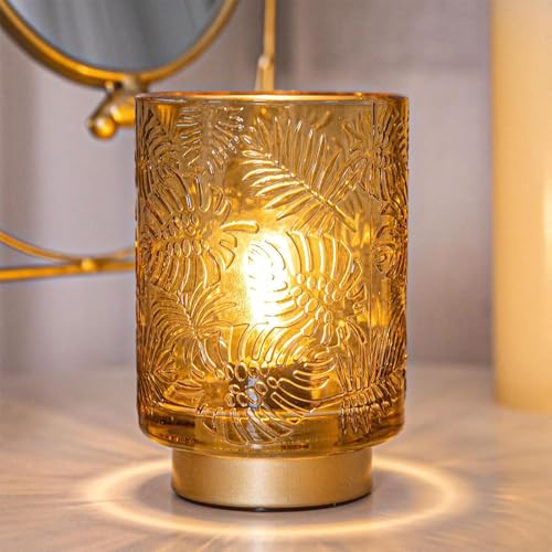 ELLECILA Battery Operated Lamp, Small Table Light for Home Decor, Leavs Texture Cordless Table Lamp with Led Bulb, Glass Battery Powered Light for Living Room, Bedroom, Entryway, Dark Brown