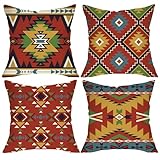 Fjfz Southwest Native American Indian Decorative Throw Pillow Covers 18 x 18 Set of 4, Boho Vintage Aztec Navajo Tribal Porch Outdoor Home Decor, Bohemian Geometric Sofa Couch Cushion Case