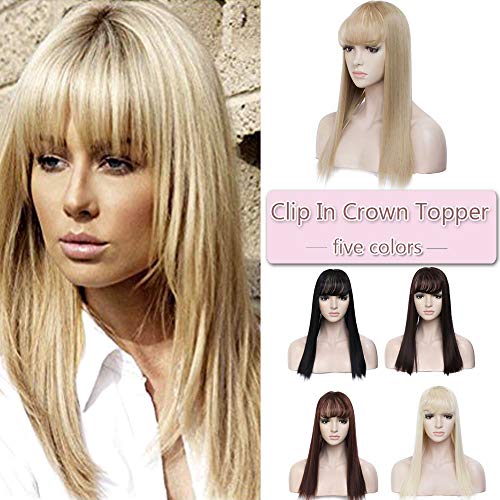 17 Inches Long Straight Clip In Crown Toppers For Women Synthetic Top Toupee Hairpiece With Wispy Thin Air Bangs Middle Part With Thinning Hair Loss Hair (Ash Blonde)