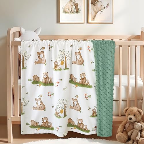 Image of BOPRIO Baby Blankets for Unisex Boys Girls, Super Soft Nursery Minky Blankets with Baby Bear Design and Dotted Fleece Backing, Printed Bed Throws Newborn