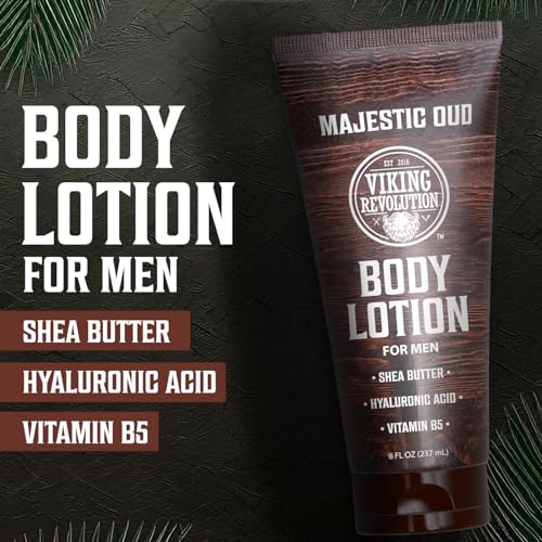 Image of Viking Revolution Majestic Oud Body Lotion for Men - Mens Lotion for Dry Skin with Shea Butter, Hyaluronic Acid and Vitamin B5 - Nourishing Mens Body Lotion for Hydrated and Smooth Skin (8oz, 1 Pack)