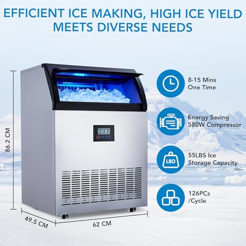 Image of Ice Maker Machine, 200LBS /24h with 55LBS Commercial Ice Storage Bin, Under Counter Countertop Ice Machine, Self-Cleaning, Stainless Steel Freestanding,Ice Scoop, Quiet Compressor for Home and Business