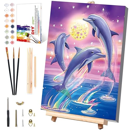 Pujeknm Delfine Malen Nach Zahlen ab 5 6 7 Jahre Mädchen mit Rahmen - Holzstaffelei, Tiere Malen Nach Zahlen für Kinder Acrylfarben mit als Geschenk, Mittel 30x20 cm (Süßes Delphin)