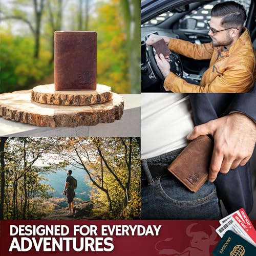 Image of BULL GUARD RFID Genuine Leather Trifold Wallets for Men ID Window, Secret Pocket, Adventure Brown - Vintage Crazy Horse, 3.25 x 4.25, Classic