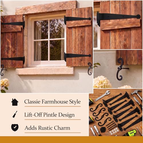 Image of 8 Pack (4 Pair) Steel Blind Shutter Hinges Set 11.75 Inch Black Wrought Iron Shutter Offset Pintle Strap Hinge with 4 S-Hooks, Heavy-Duty Rust-Resistant Hardware Kit