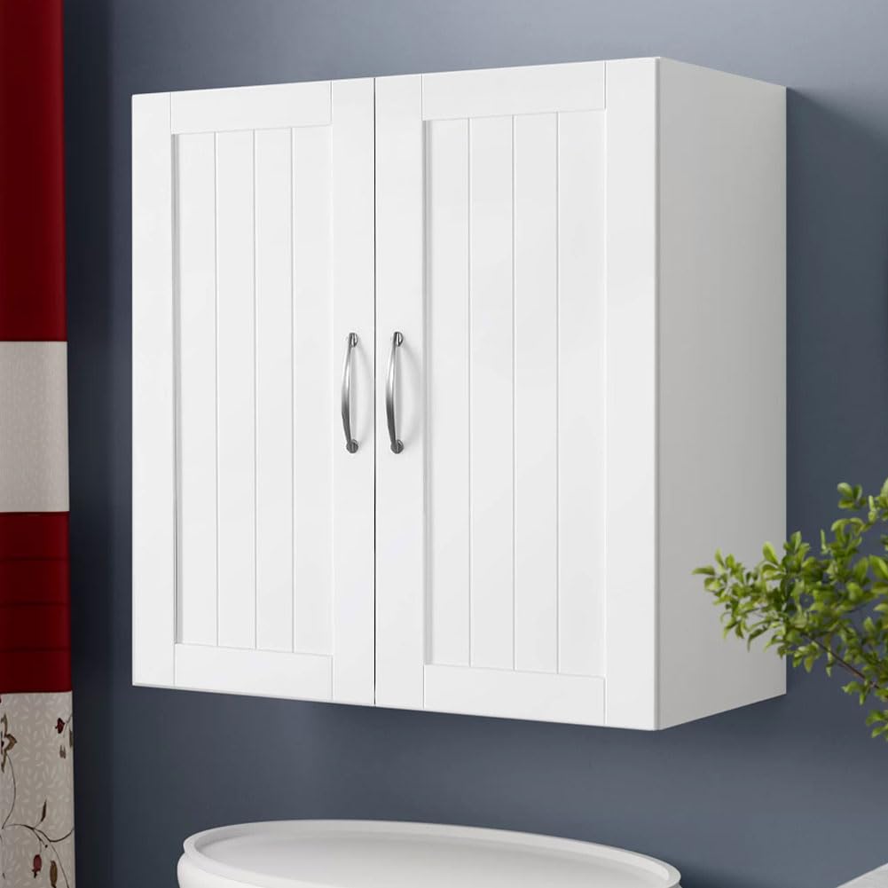 Armoire Murale Blanche Shally Dogan 80x72x32 Cm - 2 Portes, 1 étagère, 2 Compartiments, Bois Robuste, Poignée Chromée - 2
