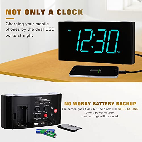 Rocam Digital Alarm Clock for Bedrooms - Large 7" LED Display with Dimmer, Snooze, 7 Night Light, Easy to Set, USB Chargers, Battery Backup, 12/24 Hour for Kids,Boys,Teens,Heavy Sleepers(Blue)