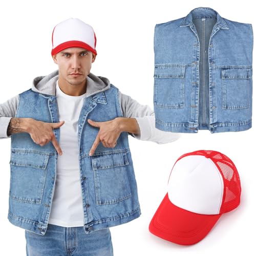 Mepase 2 Pcs Halloween Costume Accessories Include Red White Two Tone Hat and Mens Denim Vest Sleeveless Jacket Vintage Casual Summer Jean Vest for Halloween Party