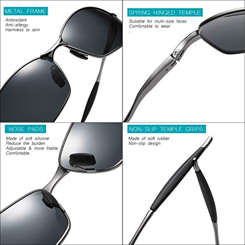 Wraparound Polarized Sunglasses Large Square Rectangle Metal Frame for Men Driving Fishing (Gunmetal/Gray, 60) - Thumbnail 7