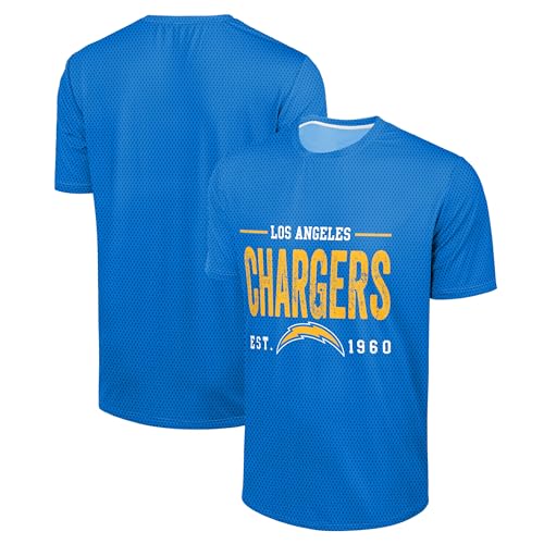 FOCO NFL Men's Officially Licensed Football Team Logo Wordmark Distressed Performance Team Color Crewneck T-Shirt - Los Angeles Chargers - Blue - (Large)