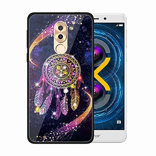 Urhause Tempered Glass Cover Compatible with Huawei Honor 6X Case Glossy Mirror Case Ultra Thin Starry Sky Hard Cover Dreamcatcher Tempered Glass + Soft Silicone Skin Cover Bumper Anti-Scratch Cover