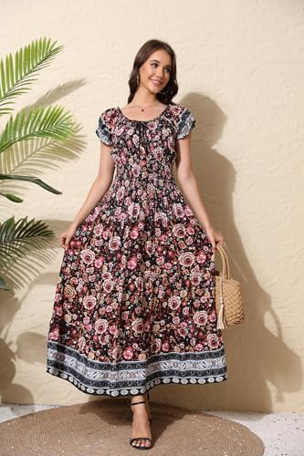 Image of OSTOO Women's Floral Maxi Dress Boho Summer Short Sleeve Smocked Waist Tiered Long Dress