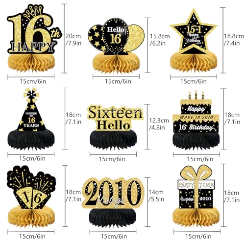 Image of 9Pcs Black Gold 16th Birthday Decorations Honeycomb Centerpieces for Boys Girls,Happy 16th Birthday Centerpieces Tables Toppers Party Decorations Supplies 16th Table Sign Decor