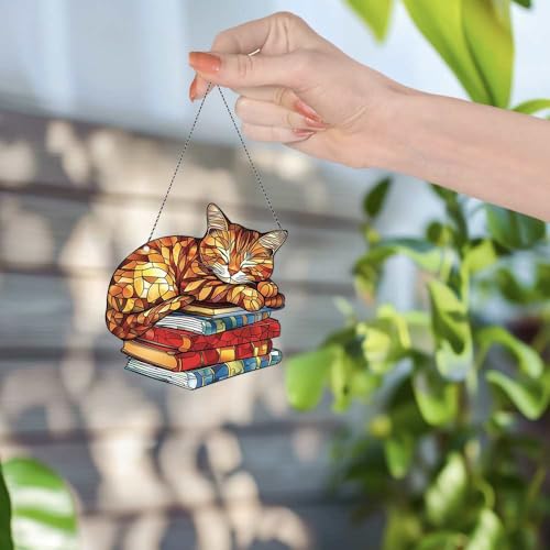 Image of Orange Tabby Cat Acrylic Ornament Gift for Book Lovers Christmas Decor