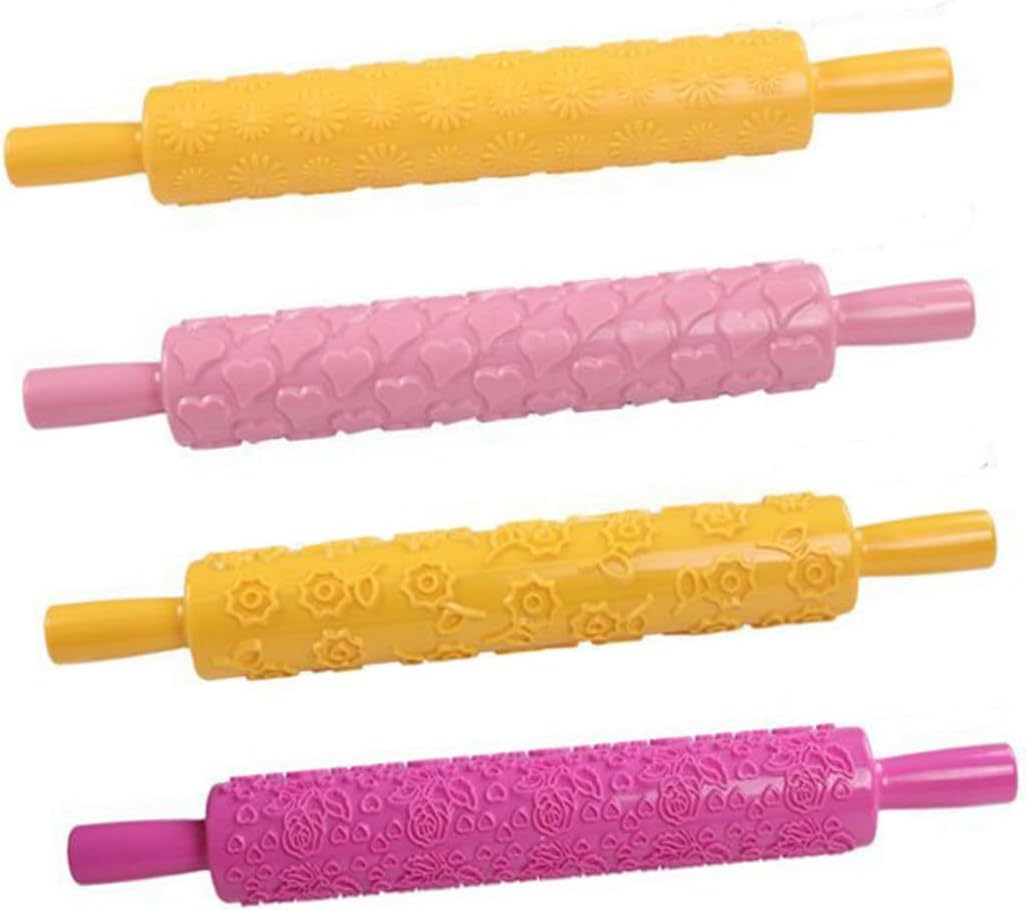 8PCS Multifunctional Plastic Embossed Rolling Pin with Patterned Dough Molds for DIY Baking Fondant Sugarcraft Pastry Decorating Non-stick Kitchen Tool Random Styles