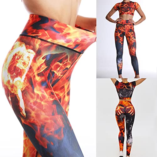 Calça feminina de ioga de cinco pontos com elástico cintura alta e bolso puro com blusa, Laranja, Sm