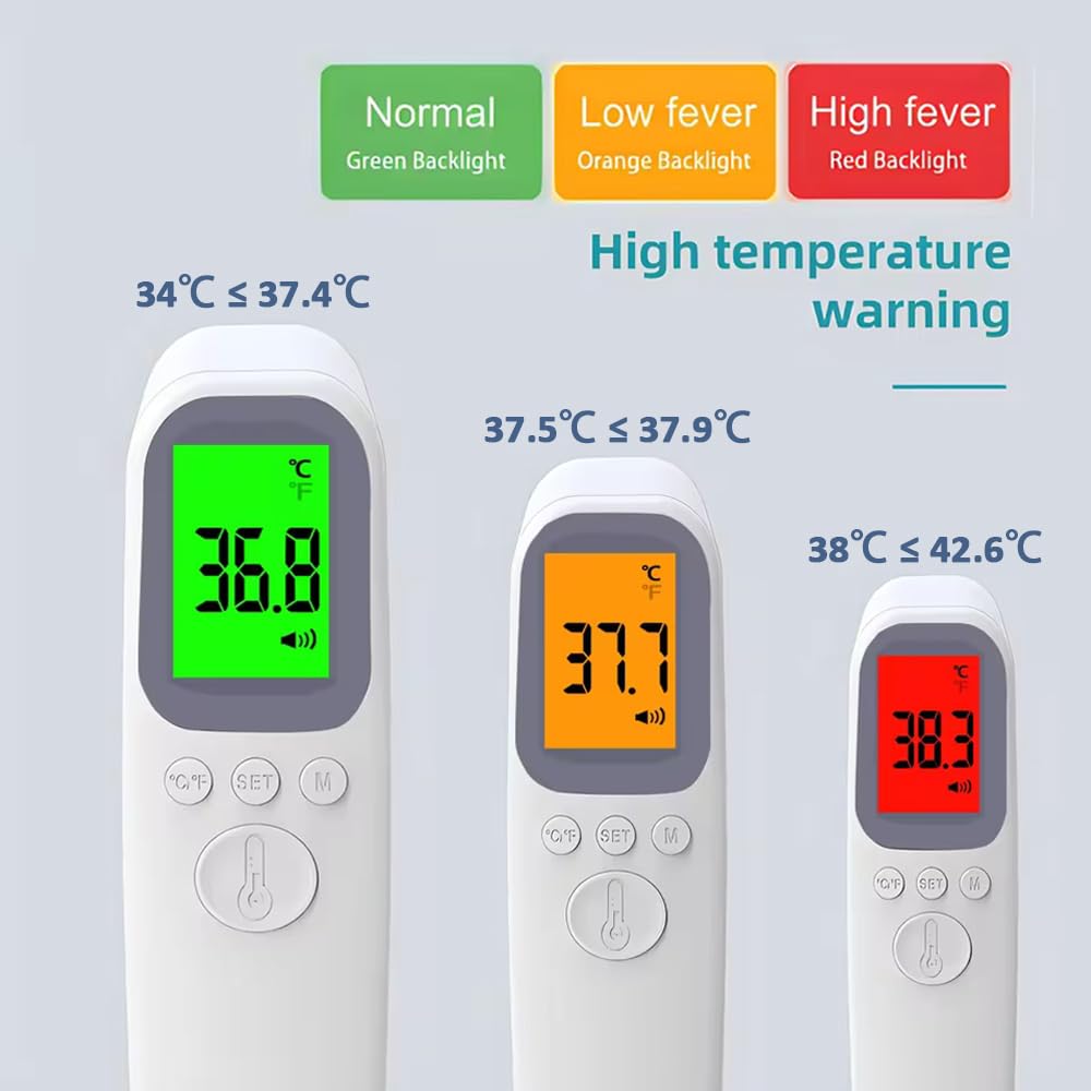 Thermomètre Frontal Sans Contact, Thermomètre Numérique avec 32 Mémoires, Écran LCD Rétroéclairé, Thermometre Frontal Adulte et Enfant, Lecture Instantanée 1s