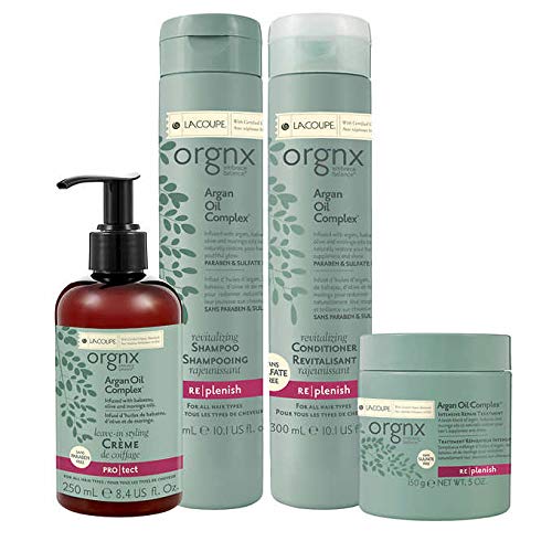 LaCoupe ORGNX Moroccan Argan Oil Complex, Shampoo + Conditioner + Repair Treatment + Styling Crème