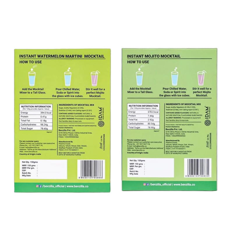 Image of Bevzilla Mocktail Mixer Powder - Watermelon Martini & Mojito Combo (10 Servings) | Non-Alcoholic, Low-Calorie, Instant | Makes 5 Refreshing Drinks | Easy, Effortless Party Mocktails
