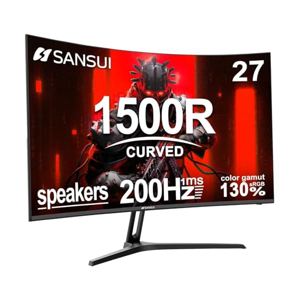 SANSUI 27 Inch Curved Gaming Monitor 200Hz 1ms with Speakers FHD 1080P Computer Monitor FreeSync|1500R|130% sRGB|HDR|Low Blue Light|HDMI DP Ports|VESA Mount|Metal Stand(HDMI Cable Incl.)