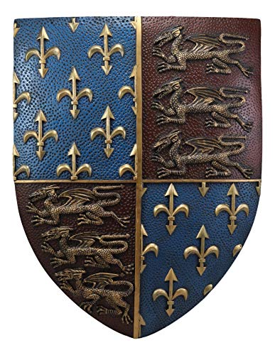 Ebros Gift Large Medieval Kingdom Knight Coat of Arms Le Fleur Symbols And 3 Dragons Royal Shield Wall Decor Plaque In Maroon And Blue Colors 19" Tall Heraldry House Of Nobility Symbols