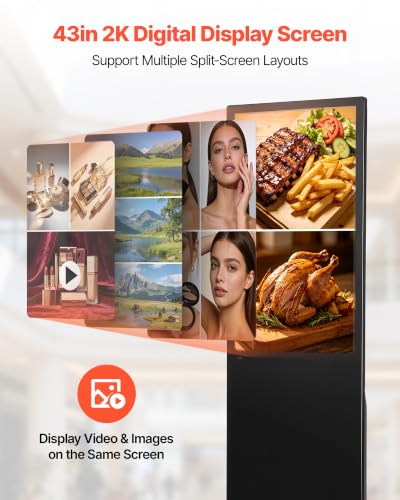 Image of VEVOR 43 in Indoor Digital Signage Floor Standing Advertising Display Kiosk, with WiFi HDMI /USB Input Android OS, 178 Wide View, LCD Screen Interactive Monitor, Mobile Commercial Totem Poster