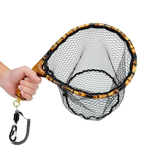Nuoviyiya Fly Fishing Net with Release, Lightweight Trout Fishing Net with Wooden Handle Frame, Rubber-Coated Mesh Landing Nets for Minnow, Catch and Release