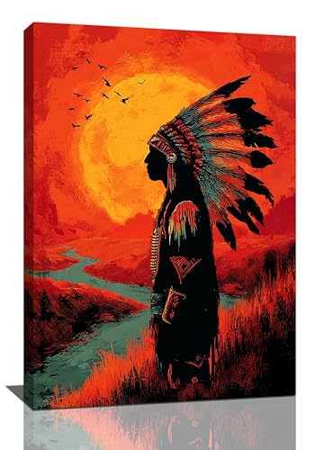 Native American Wall Art Indian Tribe Wall Decor Feather Canvas Pictures Vintage Landscape Paintings Prints Traditional Artwork Framed Decorations For Bathroom Bedroom Living Room Office Gifts 16" x 24"