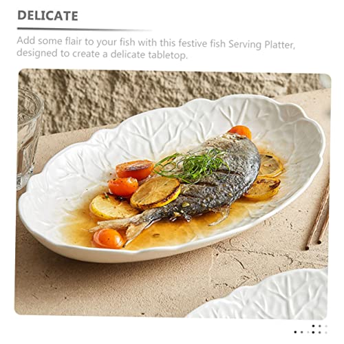 Assiette ovale en céramique poisson motif chou en relief - 6
