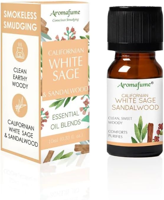 White Sage & Sandalwood Essential Oil Diffuser Blend by Aromafume |10ml | Aromatherapy Oil for Cleansing Negative Energy, Protection | Ethically sourced | Sage Oil for Smokeless Smudging