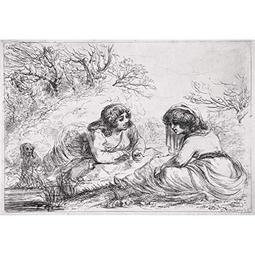 Affiche Grand Format Deux Femmes Discutent dans la Nature Poster Vintage avec Chien 91x132cm