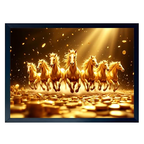 Image of ARTFUL TOY BOX - 7 Running Golden Horses Photo Frame Wall Art for Home Decor | Success, Power & Financial Growth Vastu Wall Decor for Living Room & Office | HD Glossy Print | Premium Fiber Black Frame - 12x18 Inch (30x45 cm) (Design 7)