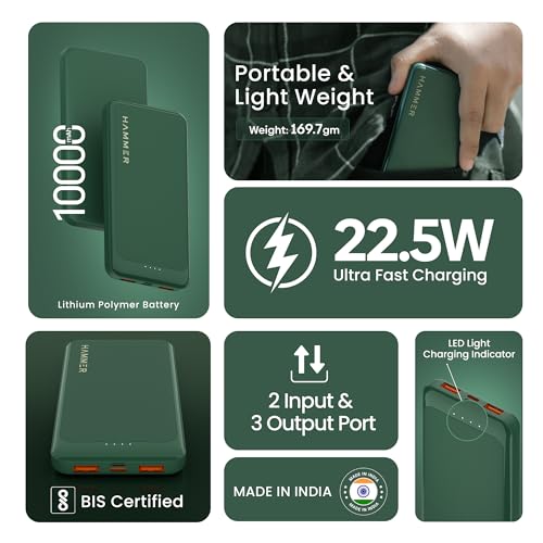 Hammer Ultra Charge 10000mAh 22.5W Power Bank 20W PD Fast Charging, 3 Output, 2 Input Ports Type-C/PD, Micro USB and Multiple Layers of Protection (Green) - Image 4