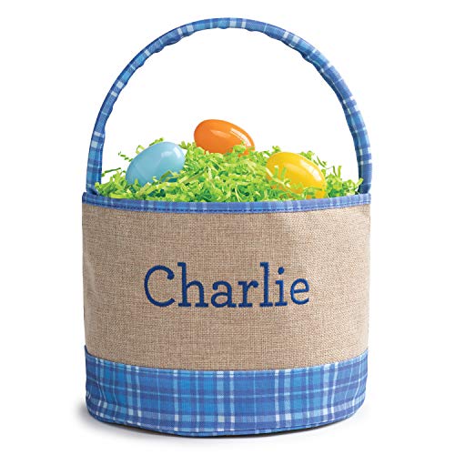 Personalized Easter Bucket Bag with Custom Name | Plaid Burlap Easter Bag with Handle | Egg Basket for Kids | Customized Easter Basket | Great for Book and Toy Storage (Blue Name)