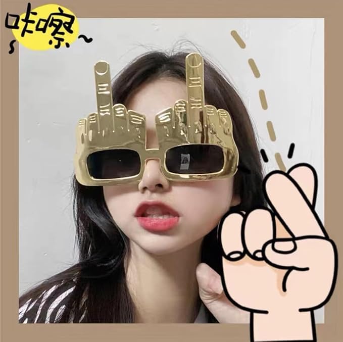 Tricky Middle Finger Sunglasses, Funny Novelty Golden Party Sunglasses, Creative Middle Finger Flip Off Hand Shape Finger Sunglasses, Masquerade Glasses Eyewear Glam Accessories3