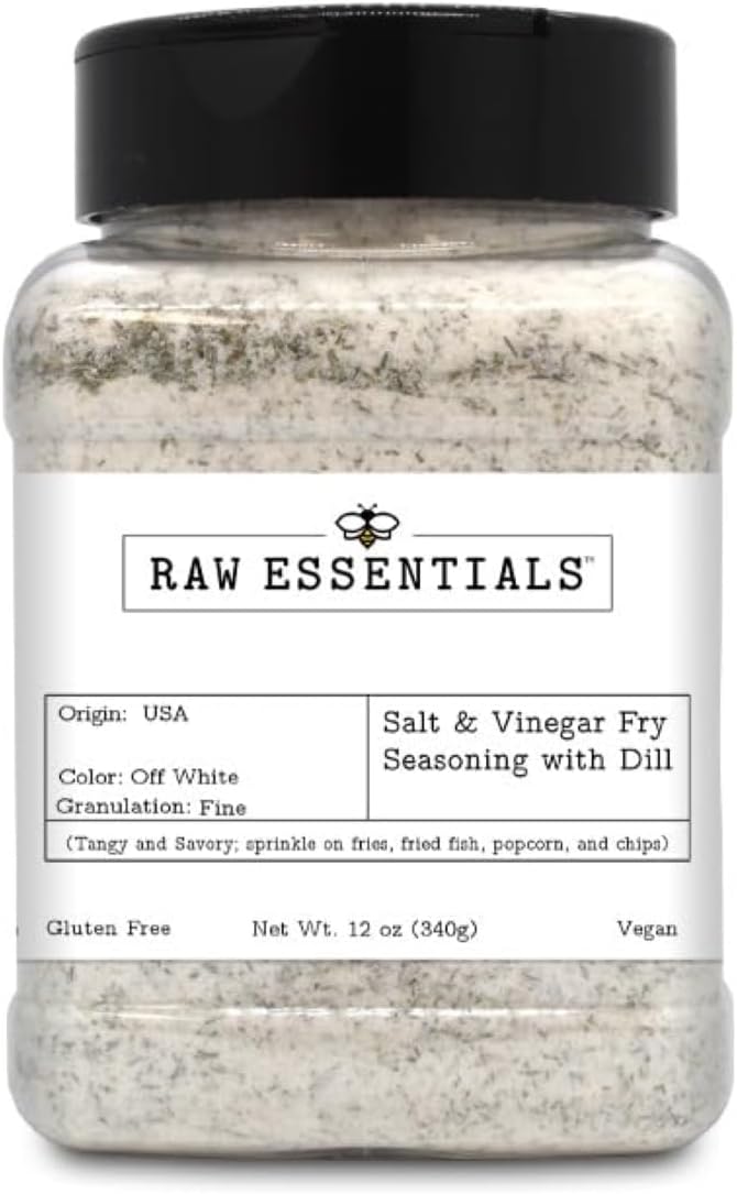 Raw Essentials Salt and Vinegar with Dill Gourmet Fries Seasoning - Tangy Dill Pickle Flavor - Great on Vegetables, Fried Fish, Popcorn, and Chips - Gluten-Free and Vegan - 12 Ounce Bottle