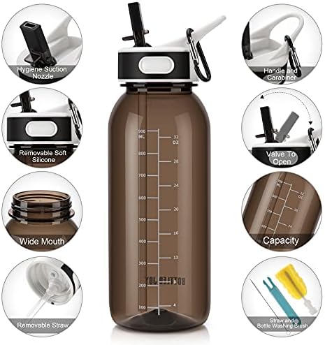 VENNERLI Sports Water Bottle with Straw 1Litre Leakproof Durable Tritan BPA Free Gym Flip Sipper Bottle Dustproof with Marking Dustproof Leakproof