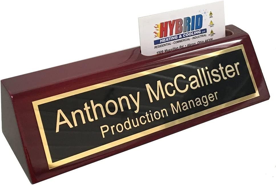 Desk Name Plate Personalized - Name Plate for Desk with Business Card Holder Includes Engraving - Choose Your Metal Plate (Black/Gold Metal Plate) : Office Products
