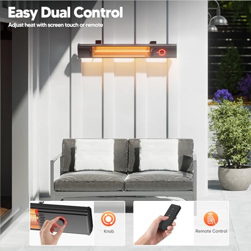 Image of Patio Heater for Outdoor Use 1500W, 8H Timer, Waterproof, Infrared Electric Wall-Mounted Patio Heater, 8 Levels Heating for Garage Backyard Black