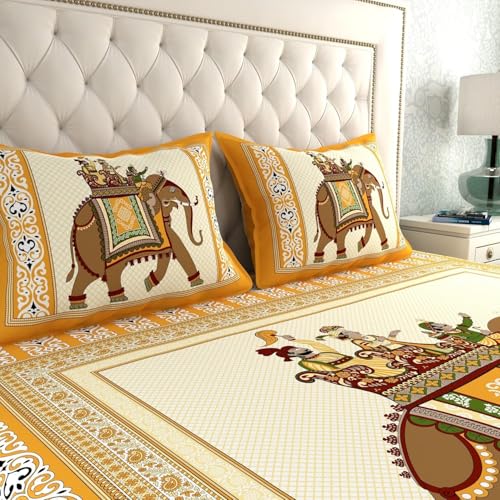 Image of La Verne 104 TC Cotton Double Bed Bedsheet Jaipuri Rajasthani Print Bedsheet with 2 Pillow Covers