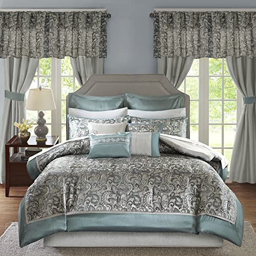 Madison Park 24 Piece Faux Silk Paisley Queen Comforter Set with Matching Curtains, Down Alternative Hypoallergenic - Teal, Queen (90 in x 90 in) - Image 18