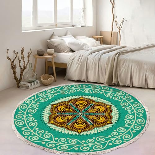 Musihy Alfombra redonda pequeña con patrón de mandala verde y amarillo para sala de estar, dormitorio, zona de juegos, habitación de los niños, decoración de lujo, estilo 3, 80 cm