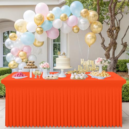 Image of Smiry Spandex Elastic Fitted Table Cloth Skirt for 6FT Rectangle Table | Stretch Washable Table Cloth, Banquet Table Cover for Wedding, Party, Indoor & Trade Shows, (Orange, 72Lx30Wx30H)