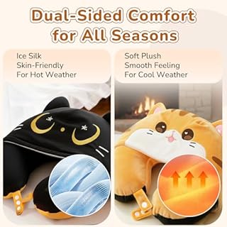 Certified to ASTM & CPSIA Standards–Kids Travel Neck Pillow with Hood,Memory Foam Airplane Pillow,Double-Sided, Cute Design, Cooling Ice Silk & Soft Plush, Adjustable, Portable & Washable for Flights