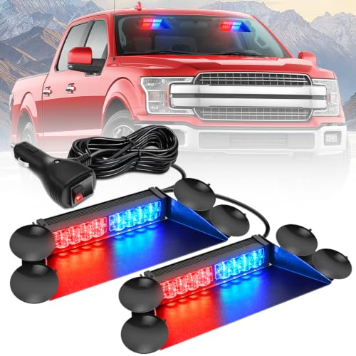 Image of Nilight 16LED Red Blue Dash Strobe Light Cigarette Lighter Plug | Dual-Switch 2-in-1 Deck Split Flashing Lights for Truck Construction Pickup Interior Front /Rear Windshield Mount 30 Modes