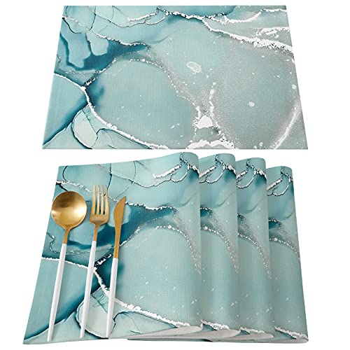 Maconaa Marble Placemats For Dining Table Set Of 6, Aqua Blue Agate Cotton Linen Place Mats For Kitchen/Dining, Non Slip, Durable, Washable Farmhouse/Modern Table Mats 13''X19'',6Pcs #TOP4