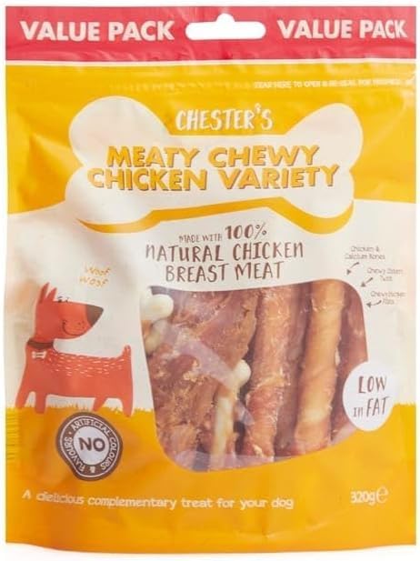 Chester’s Meaty Chewy Natural Dog Treats Variety Pack 320g | Grain Free High Protein Dog Chews | Healthy Training Rewards for Puppies, Small & Large Dogs (Meaty Chewy Chicken Variety)