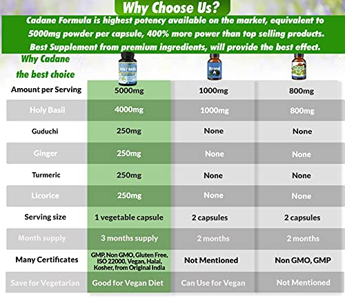 Holy Basil Extract Capsules 5000Mg & Guduchi, Ginger, Turmeric Curcumin, Licorice | Support Immune, Energy Booster | Tulsi Leaf Herb Supplements, 3 Months Supply #TOP2