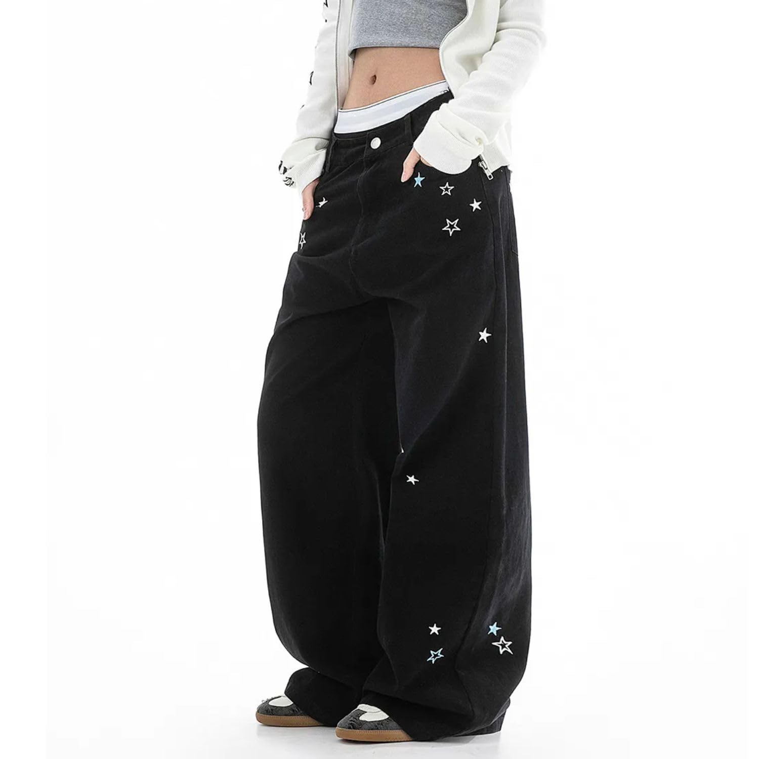 Star Jeans for Women Girls Baggy Cute Patchwork Denim Pants Y2k High Waisted Jeans Grunge Aesthetic Clothes: Black3 Small